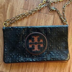 Tory Burch Black Embossed Clutch with Gold Chain